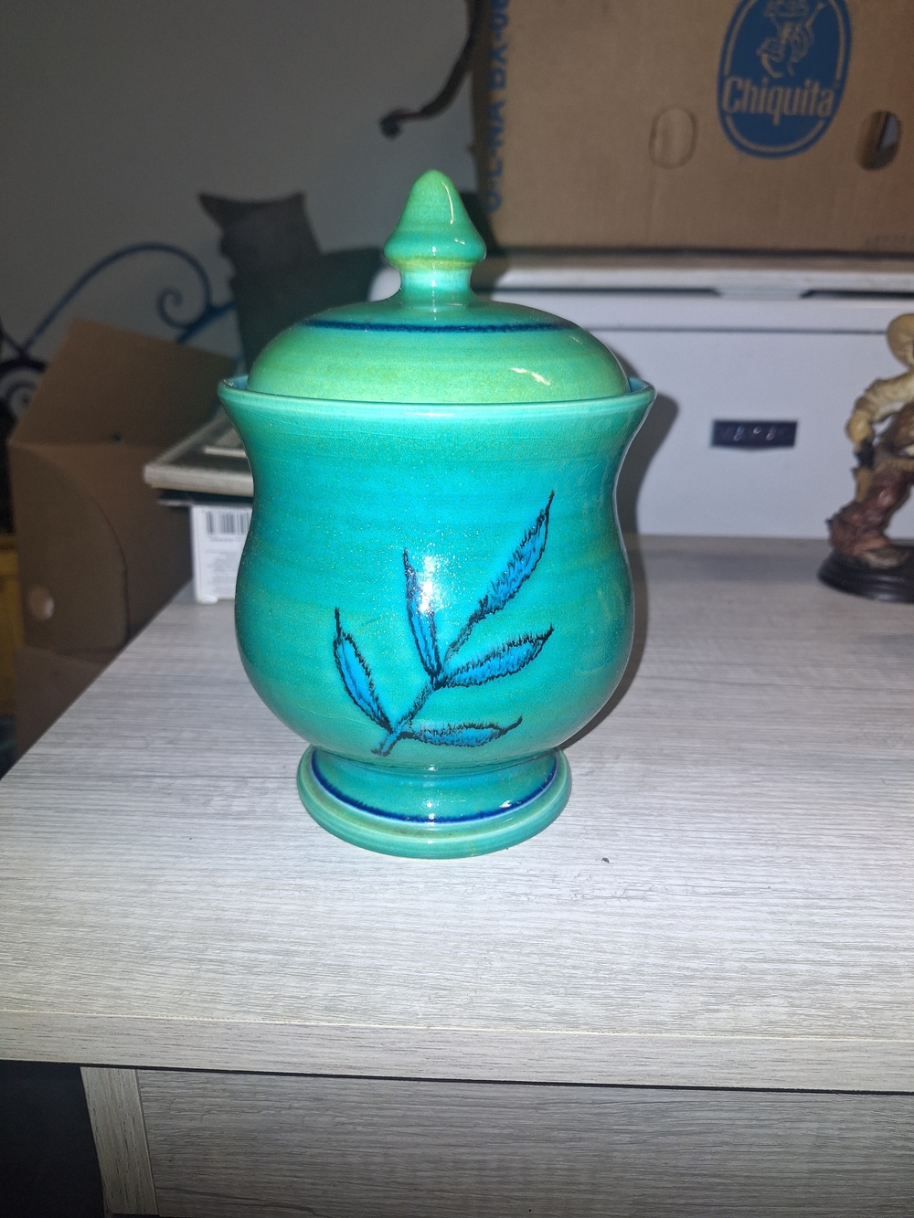 Handmade Turquoise Ceramic Lidded Jar with Leaf Motif